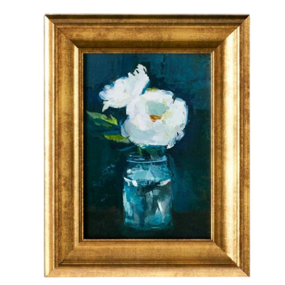NWT Studio McGee Art Print Gold Framed Navy Blue White Floral Wall Canvas